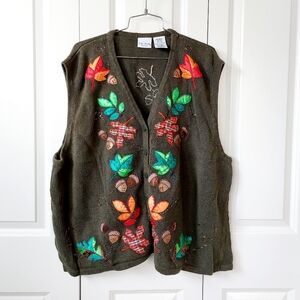 Leaf & Acorn Olive Green Sweater Vest Beaded 26W/28W Bobbie‎ Brooks Autumn